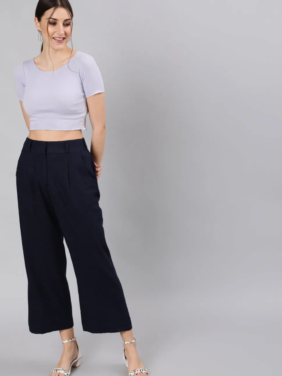 Jaipur Kurti Navy Blue Cotton Slub Flared High Rise Parallel Pants