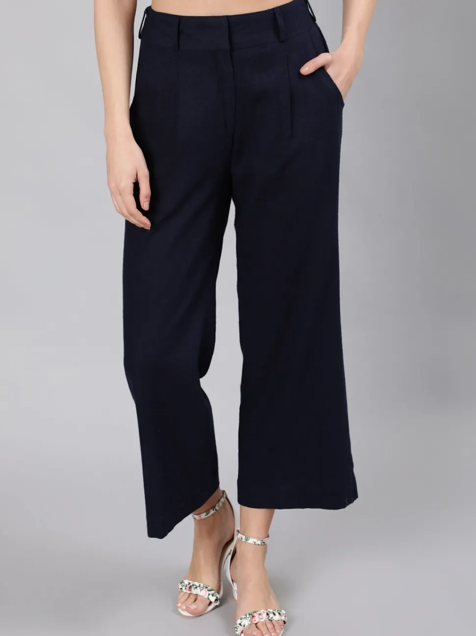 Jaipur Kurti Navy Blue Cotton Slub Flared High Rise Parallel Pants