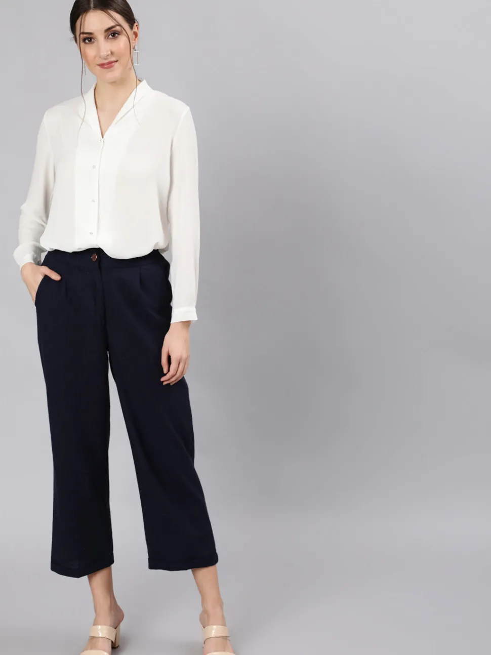 Jaipur Kurti Navy Blue Cotton Slub Straight High Rise Bottom-Fold Pants