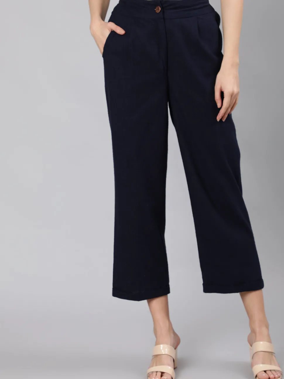 Jaipur Kurti Navy Blue Cotton Slub Straight High Rise Bottom-Fold Pants