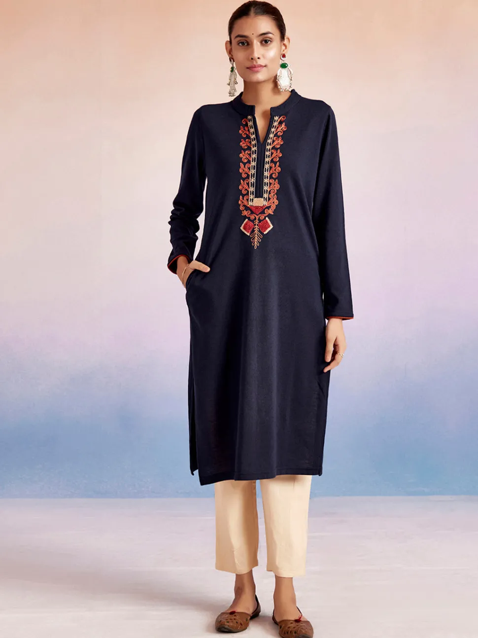 Jaipur Kurti Navy Blue Embroidered Straight Woolen Kurta