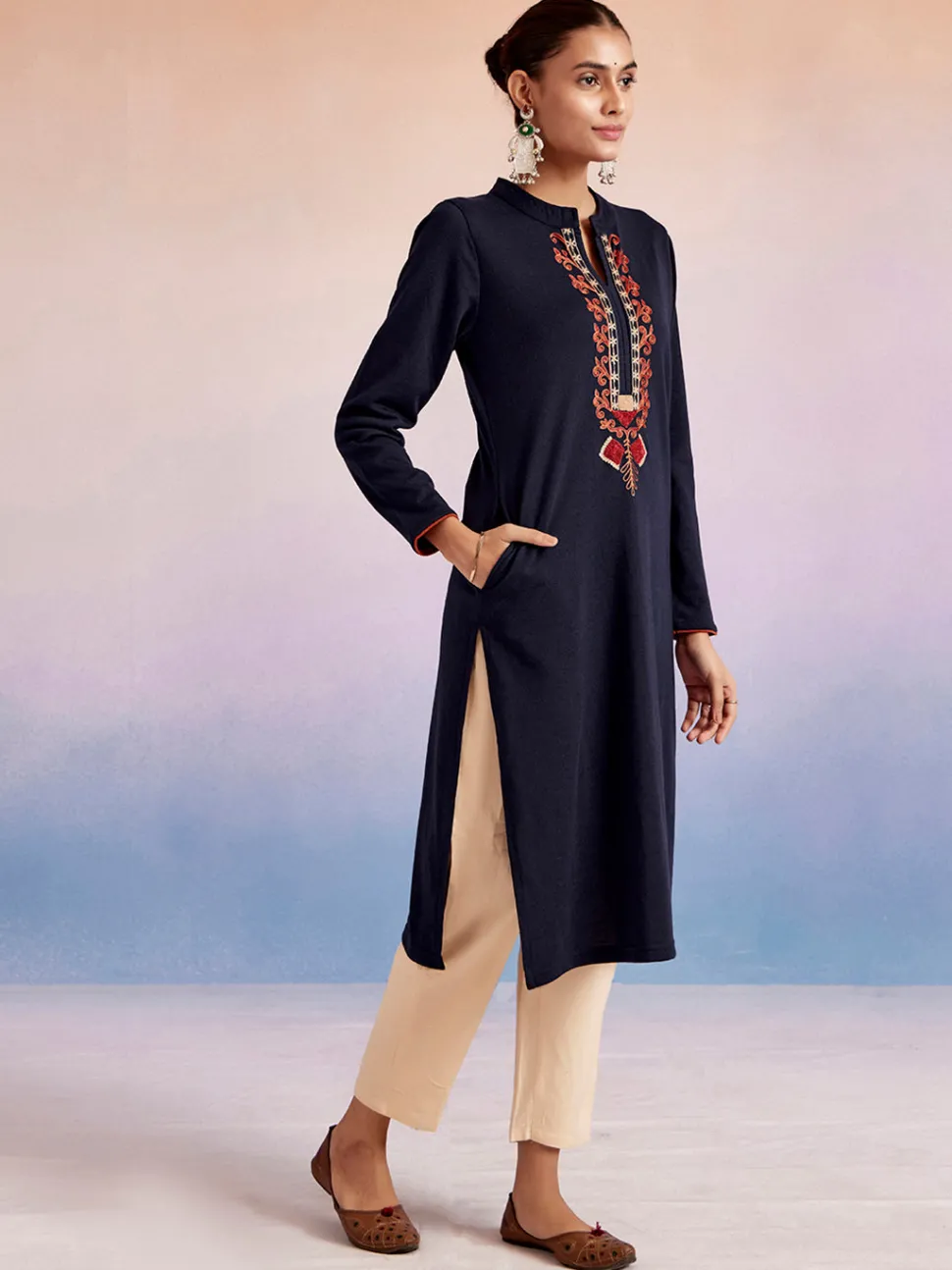 Jaipur Kurti Navy Blue Embroidered Straight Woolen Kurta