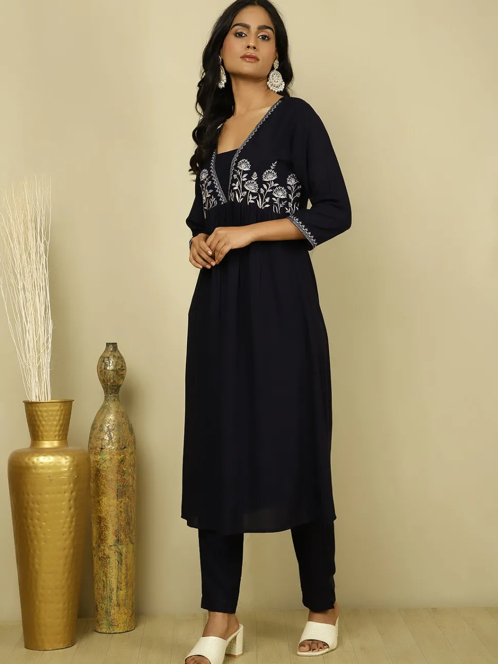 Jaipur Kurti Navy Blue Embroidered Suit Set