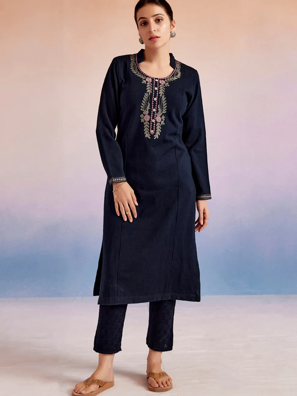 Jaipur Kurti Navy Blue Embroidered Woolen Straight Kurta
