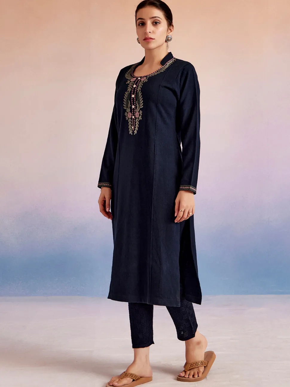 Jaipur Kurti Navy Blue Embroidered Woolen Straight Kurta