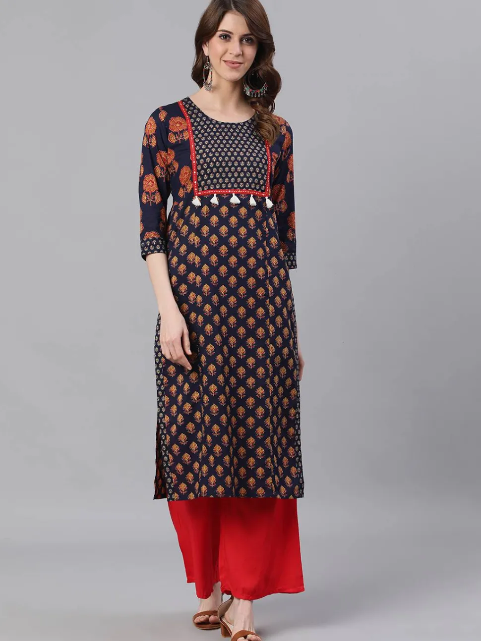 Jaipur Kurti Navy Blue Ethnic Print Straight Cotton Kurtas