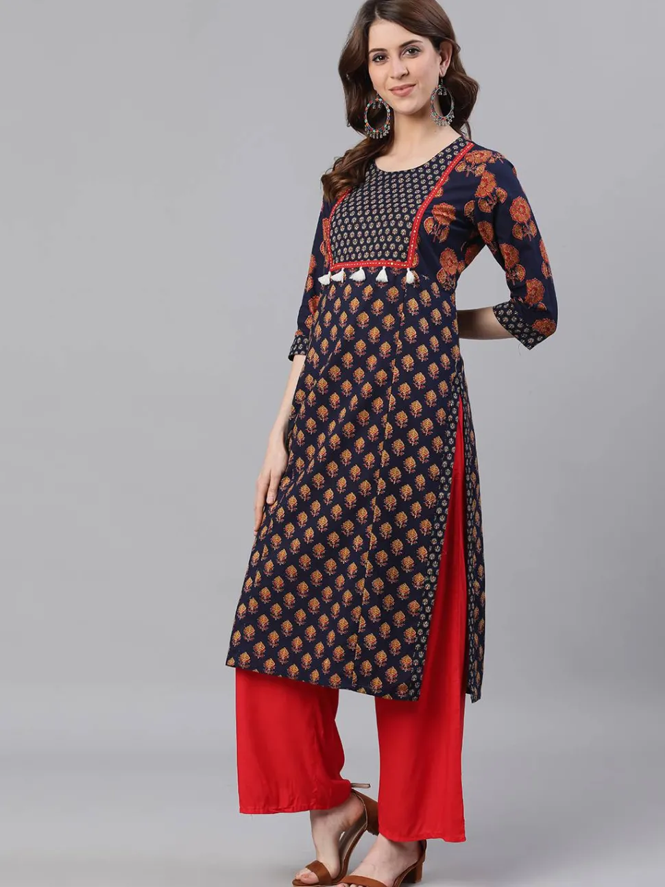 Jaipur Kurti Navy Blue Ethnic Print Straight Cotton Kurtas