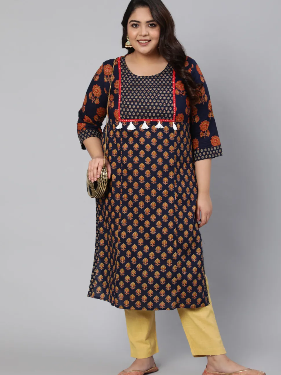 Jaipur Kurti Navy Blue Printed Straight Kurta With Thread Work