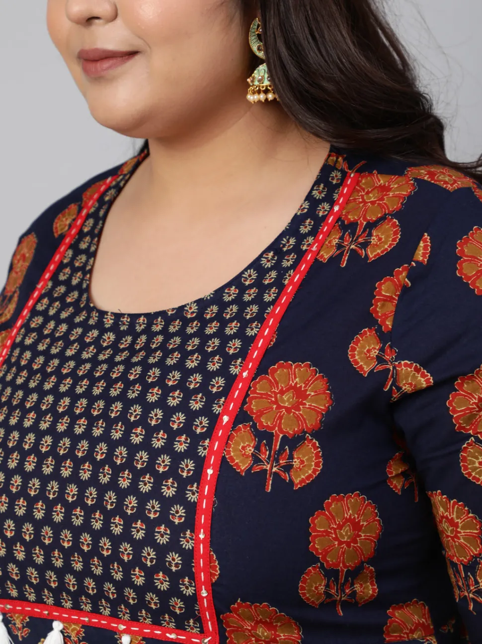 Jaipur Kurti Navy Blue Printed Straight Kurta With Thread Work