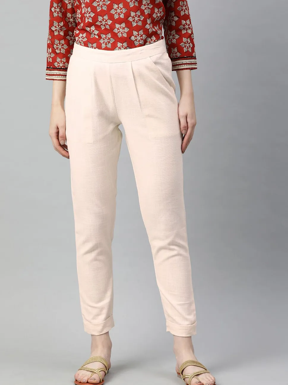 Jaipur Kurti Off White Cotton Slub Bottom-Fold Straight Pants