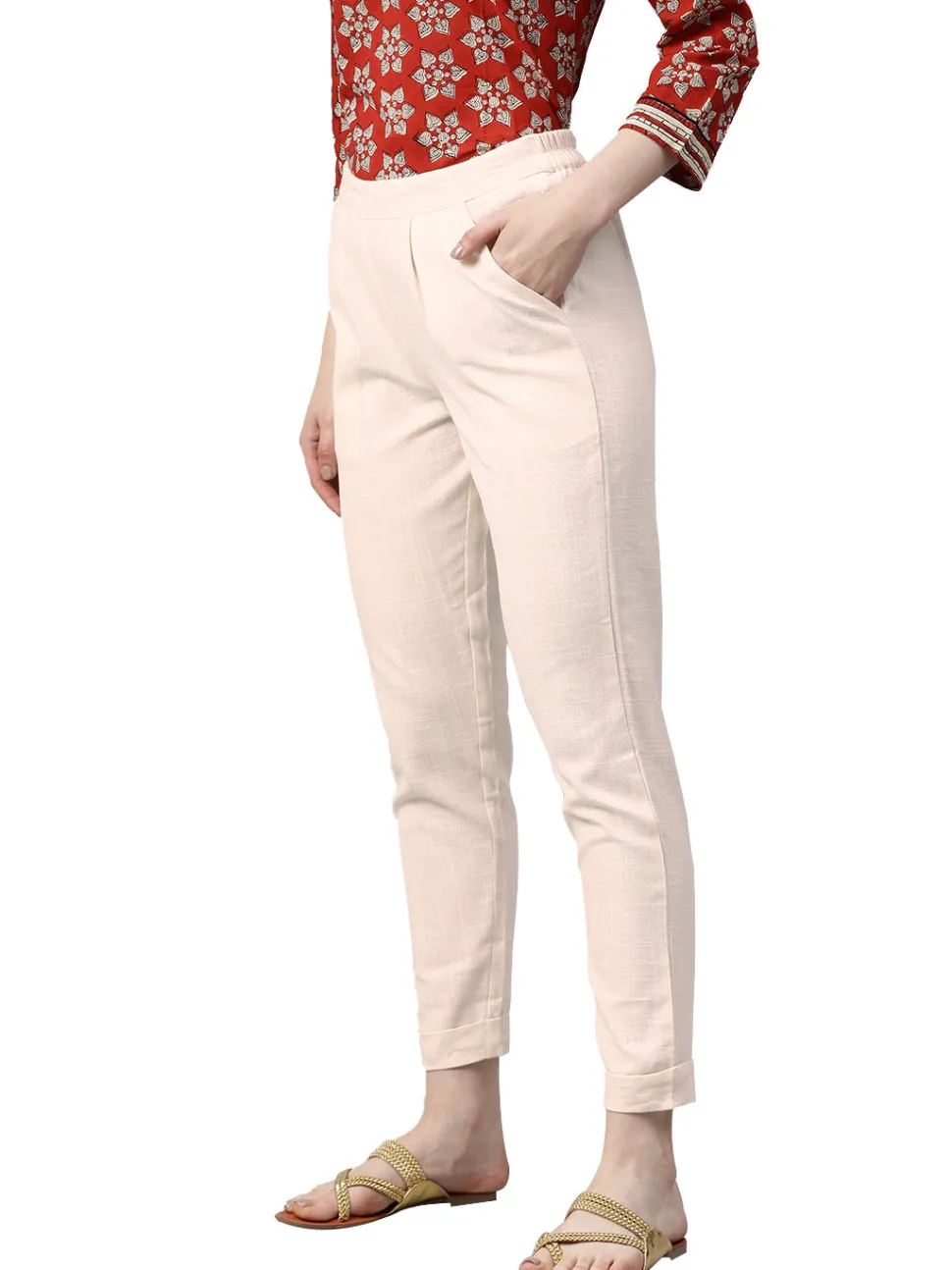 Jaipur Kurti Off White Cotton Slub Bottom-Fold Straight Pants