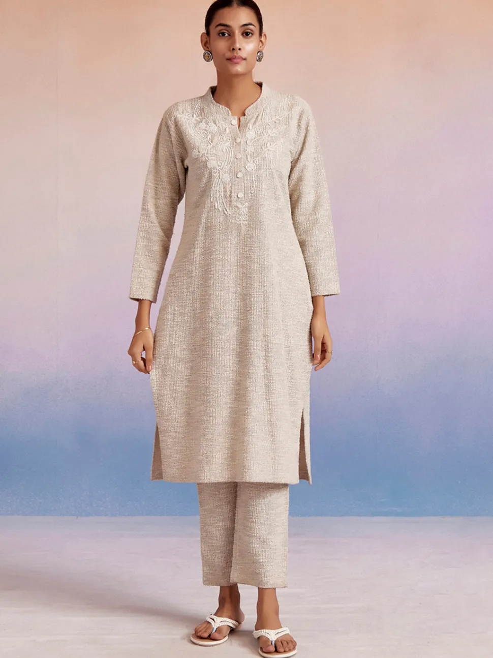 Jaipur Kurti Off White Self Woven Embellished Woolen Kurta Set