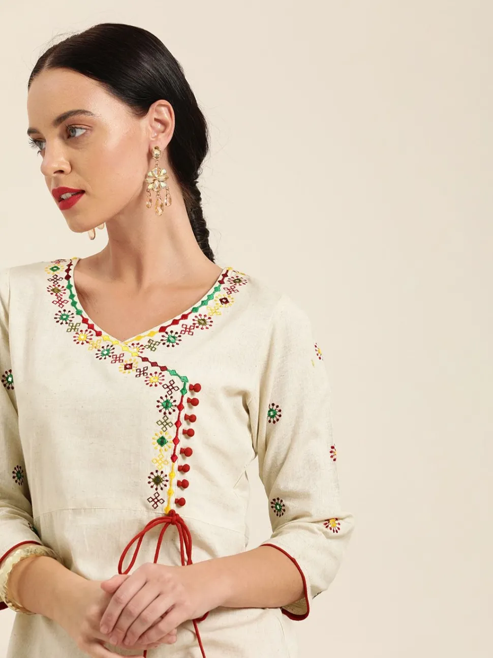 Jaipur Kurti Off-White Embroidered A-Line Cotton Blend Kurta