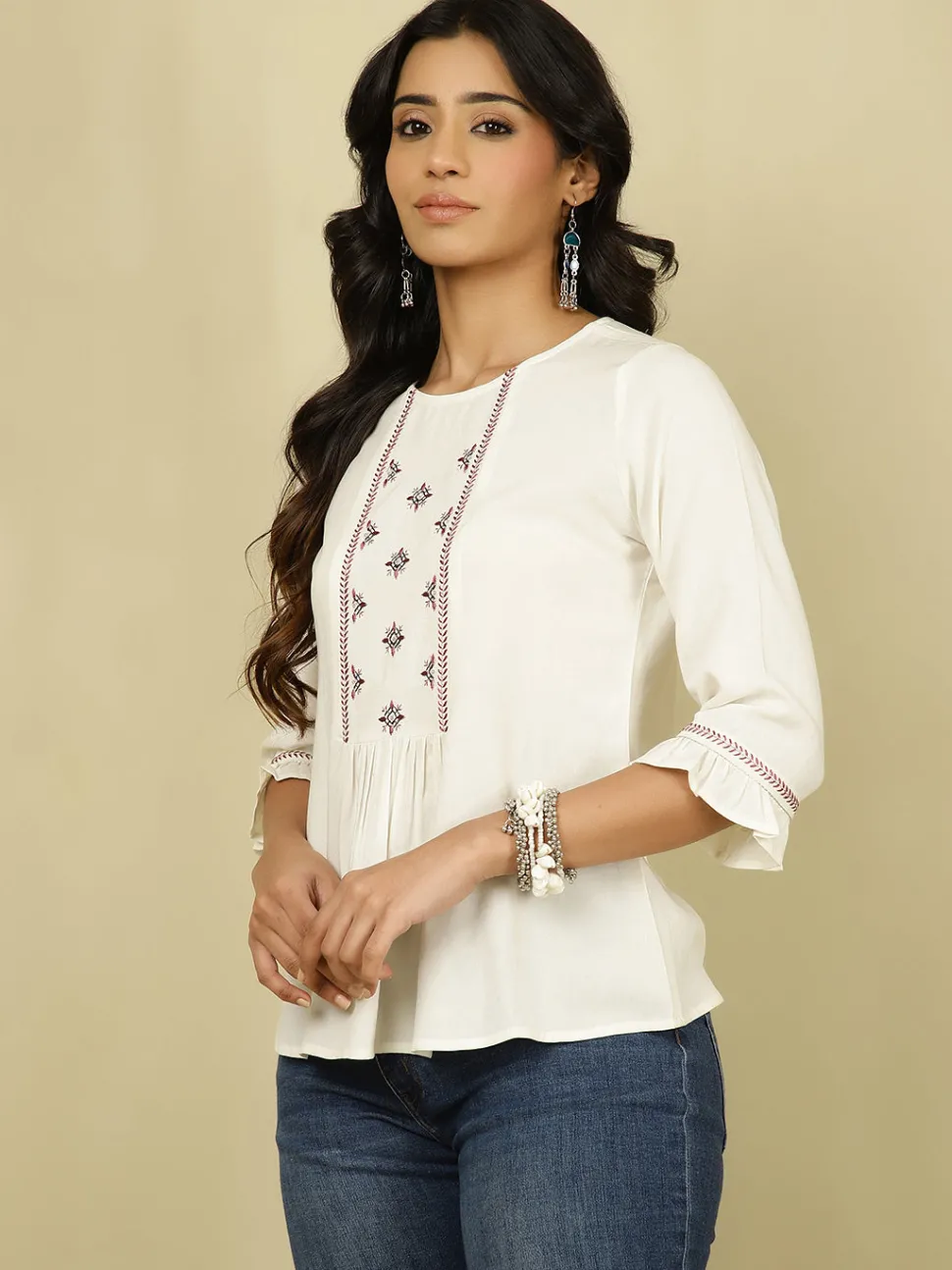 Jaipur Kurti Off-White Embroidered Gathered Top