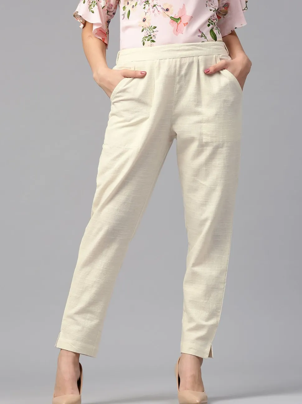 Jaipur Kurti Off-White Solid Cotton Slub Straight Pants