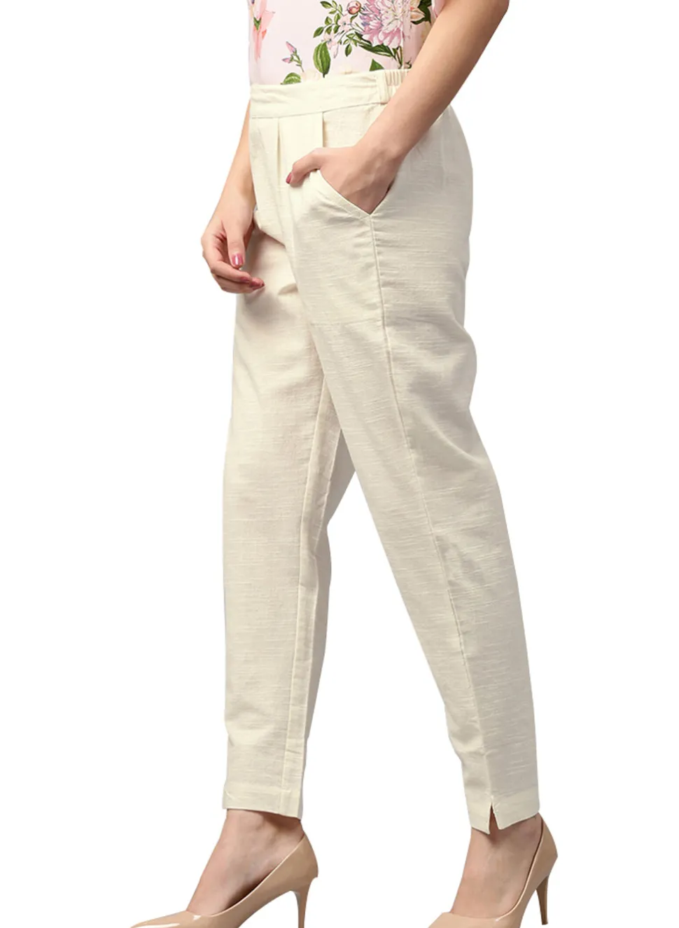 Jaipur Kurti Off-White Solid Cotton Slub Straight Pants