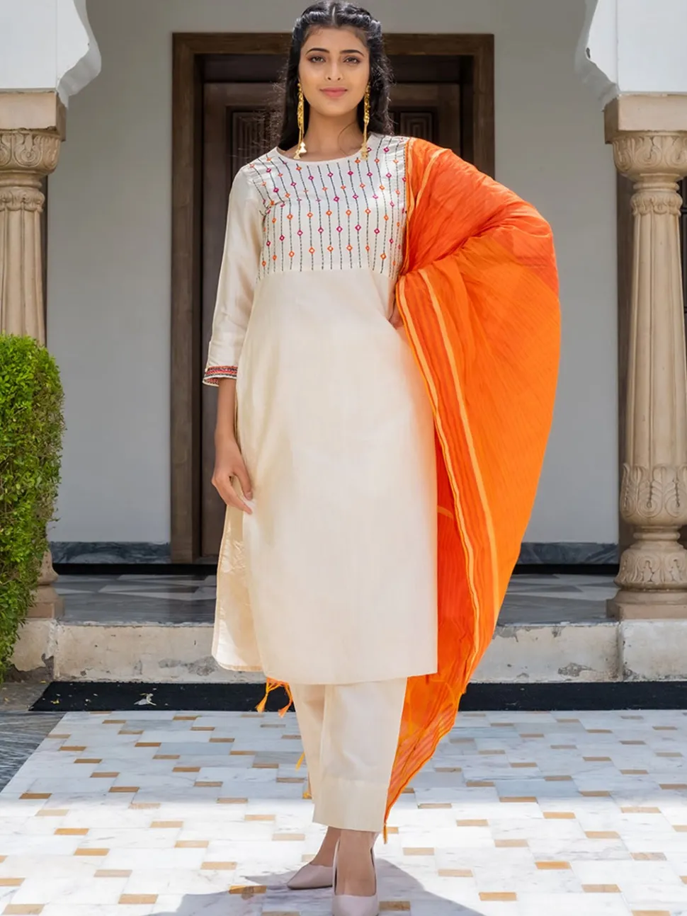 Jaipur Kurti Off-White Solid Embroidered Straight Silk Kurta with Pants & Dupatta