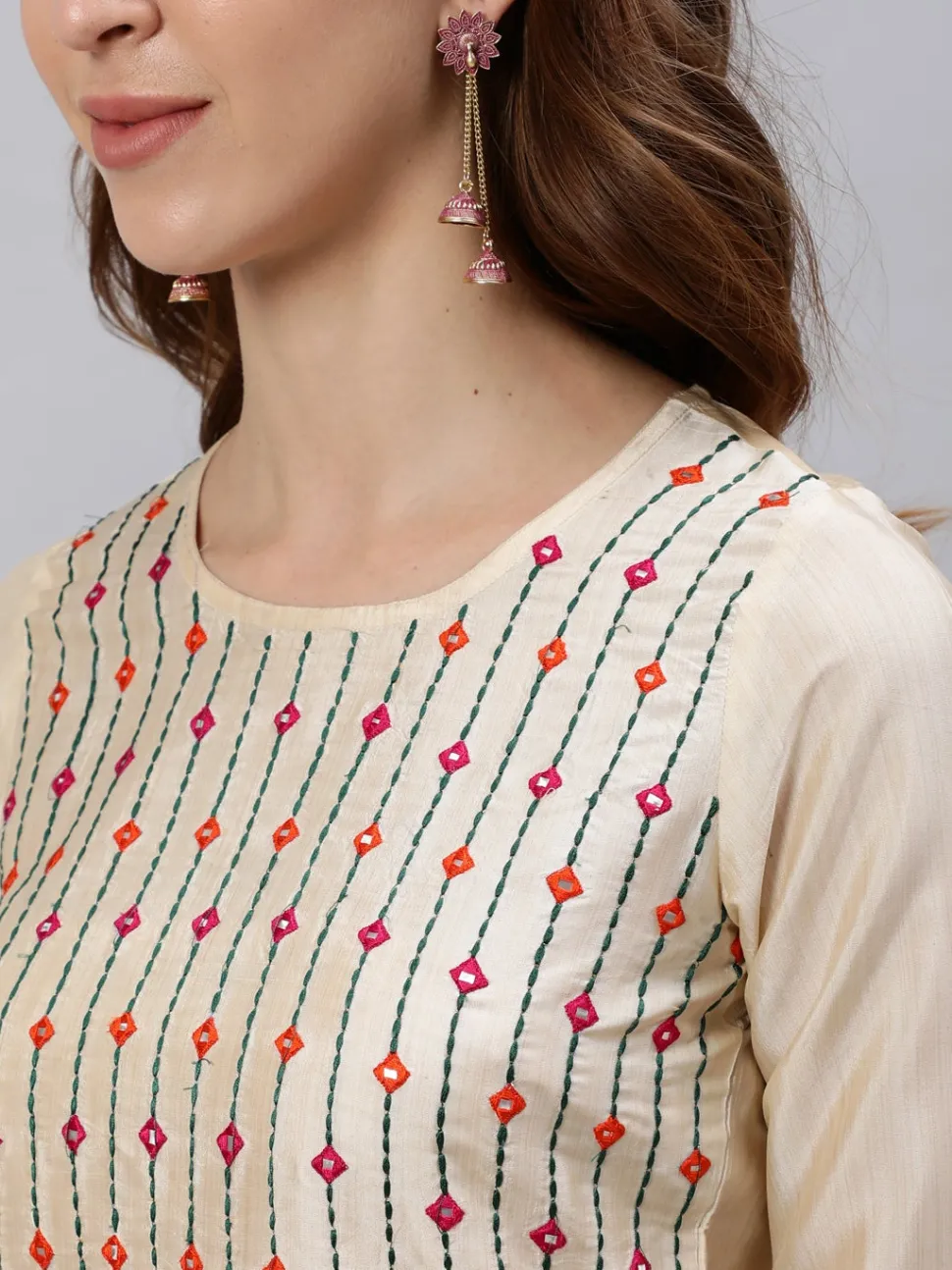 Jaipur Kurti Off-White Solid Embroidered Straight Silk Kurta with Pants & Dupatta