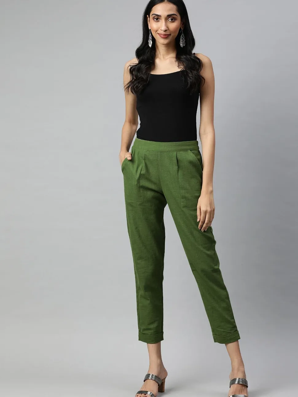 Jaipur Kurti Olive Cotton Slub Bottom-Fold Straight Pants