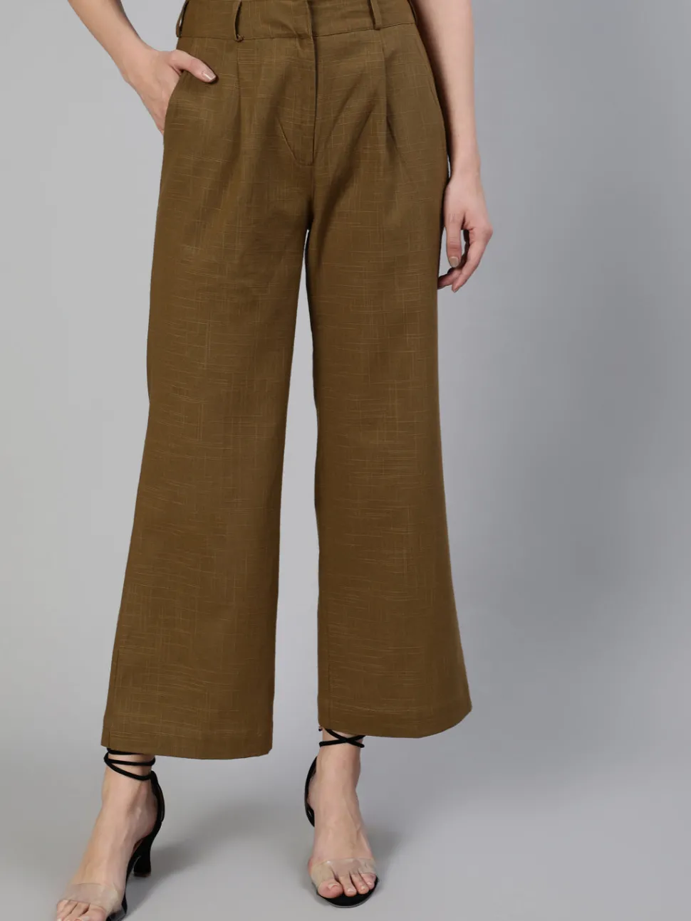 Jaipur Kurti Olive Cotton Slub Flared High Rise Parallel Pants