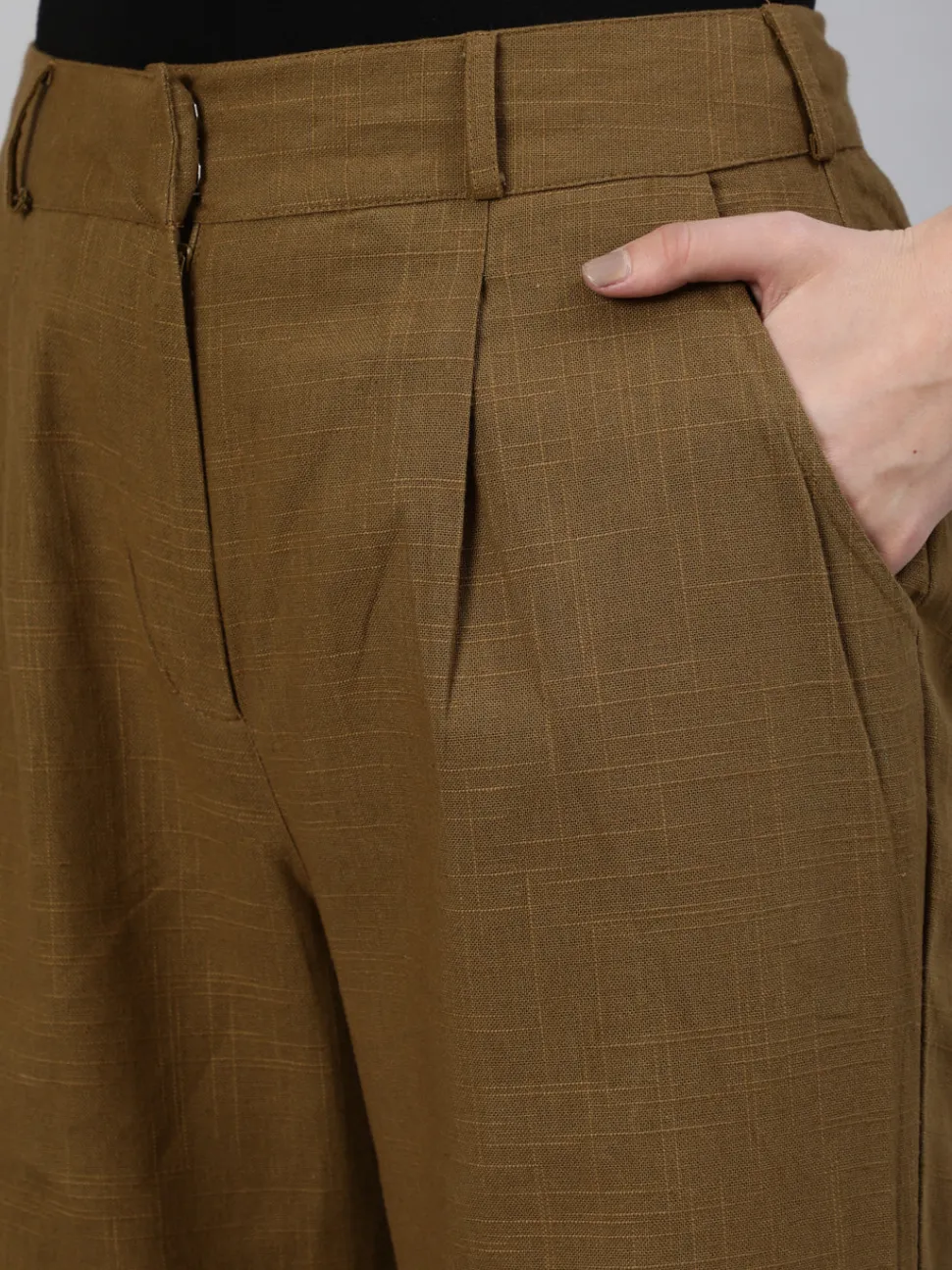 Jaipur Kurti Olive Cotton Slub Flared High Rise Parallel Pants