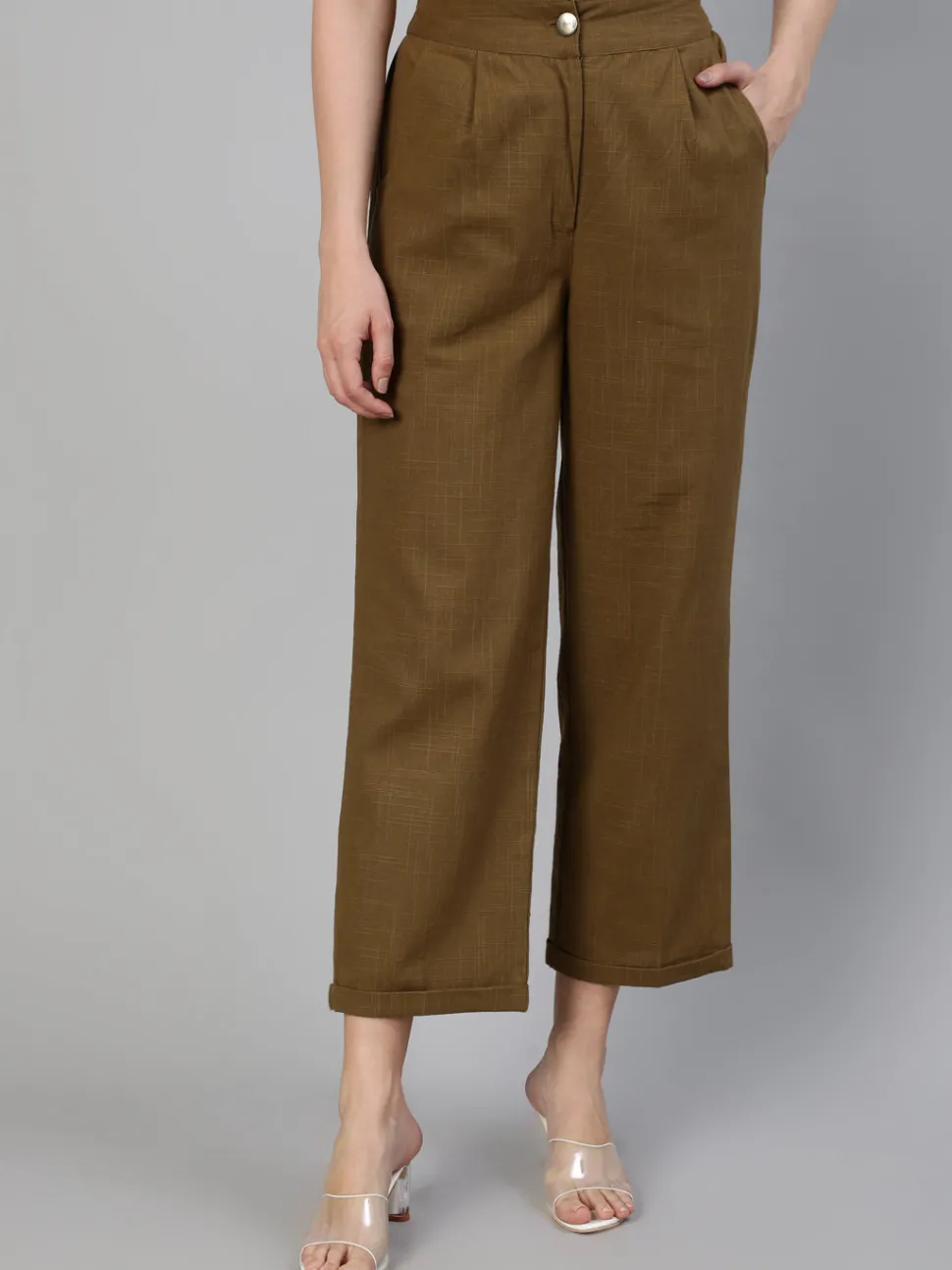 Jaipur Kurti Olive Cotton Slub Straight High Rise Bottom Fold Pants
