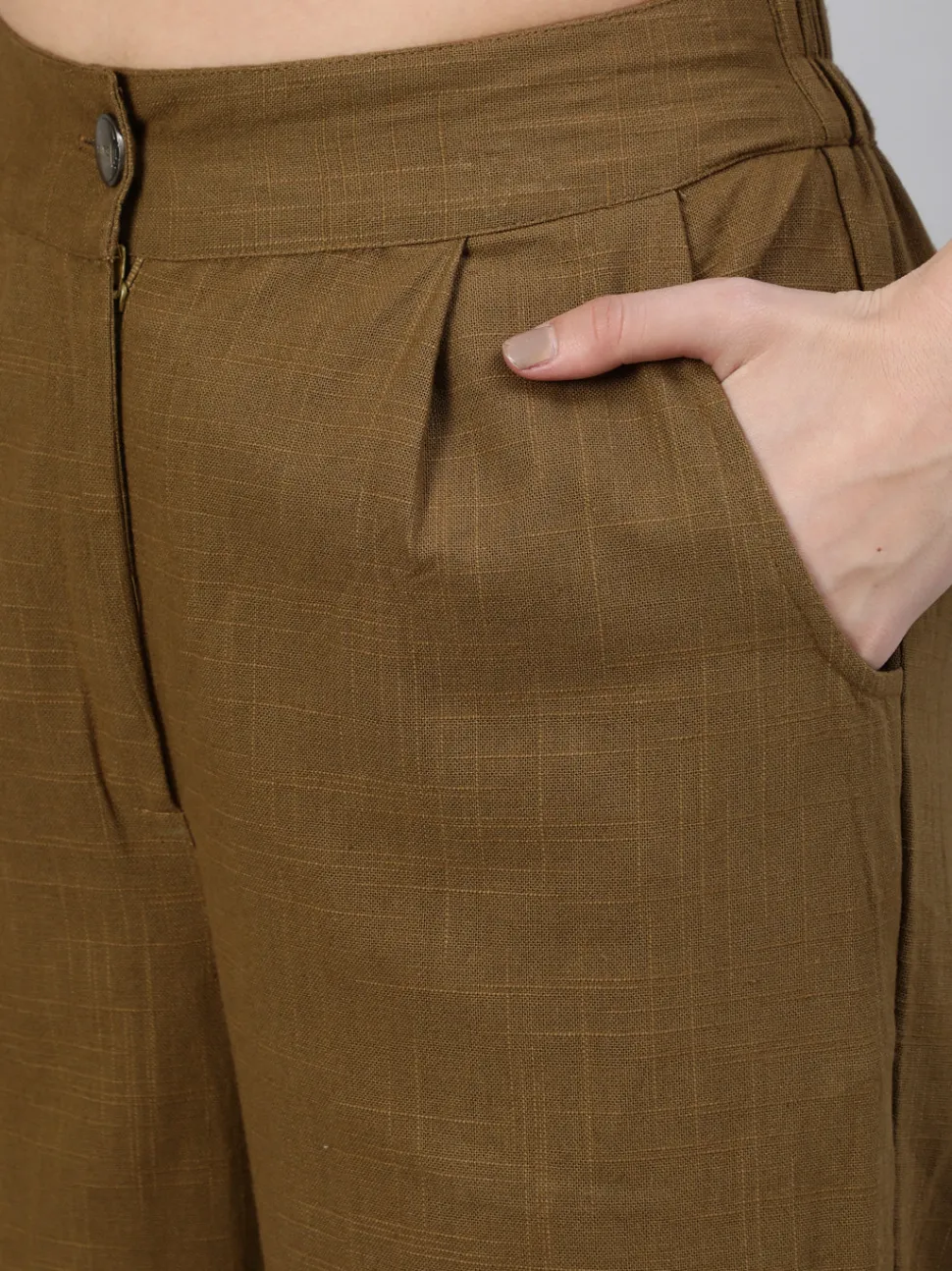 Jaipur Kurti Olive Cotton Slub Straight High Rise Bottom Fold Pants