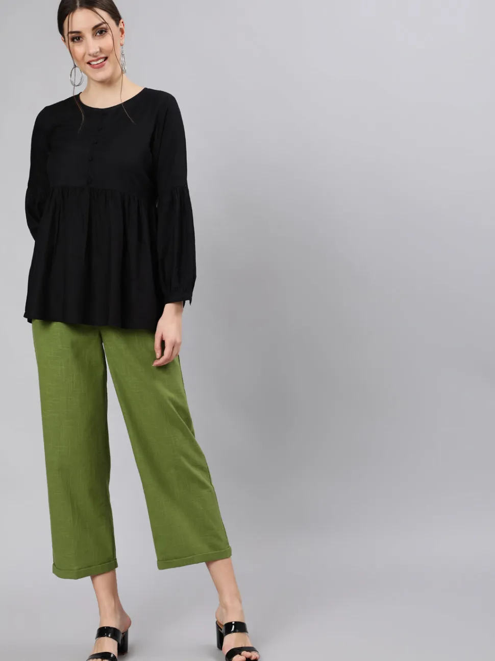 Jaipur Kurti Olive Cotton Slub Straight High Rise Bottom-Fold Pants