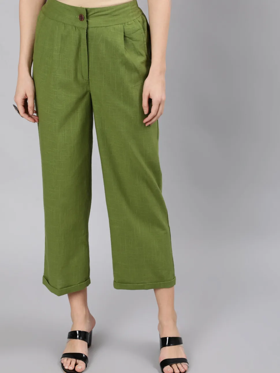 Jaipur Kurti Olive Cotton Slub Straight High Rise Bottom-Fold Pants