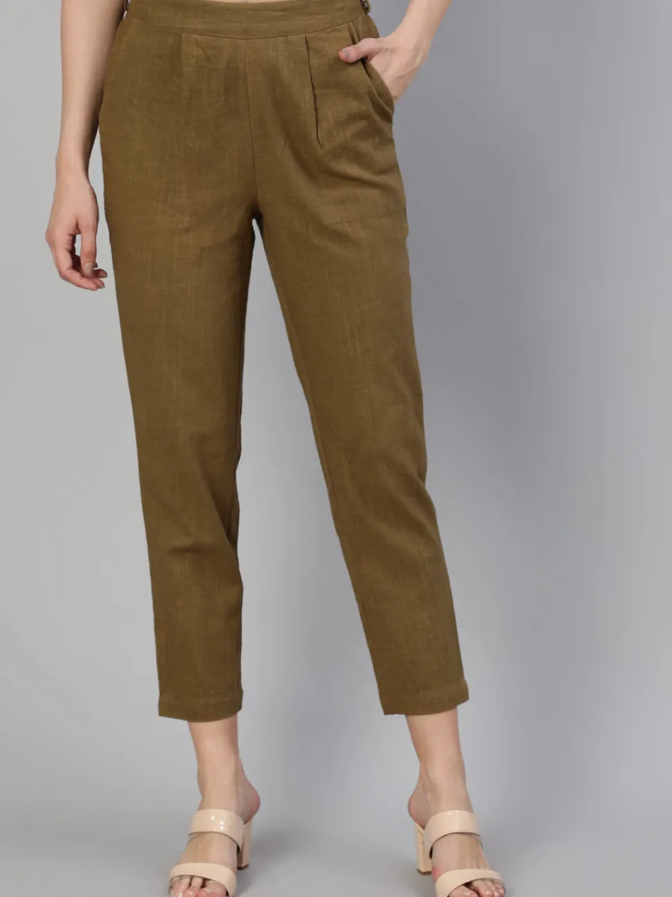Jaipur Kurti Olive Cotton Slub Straight Pants