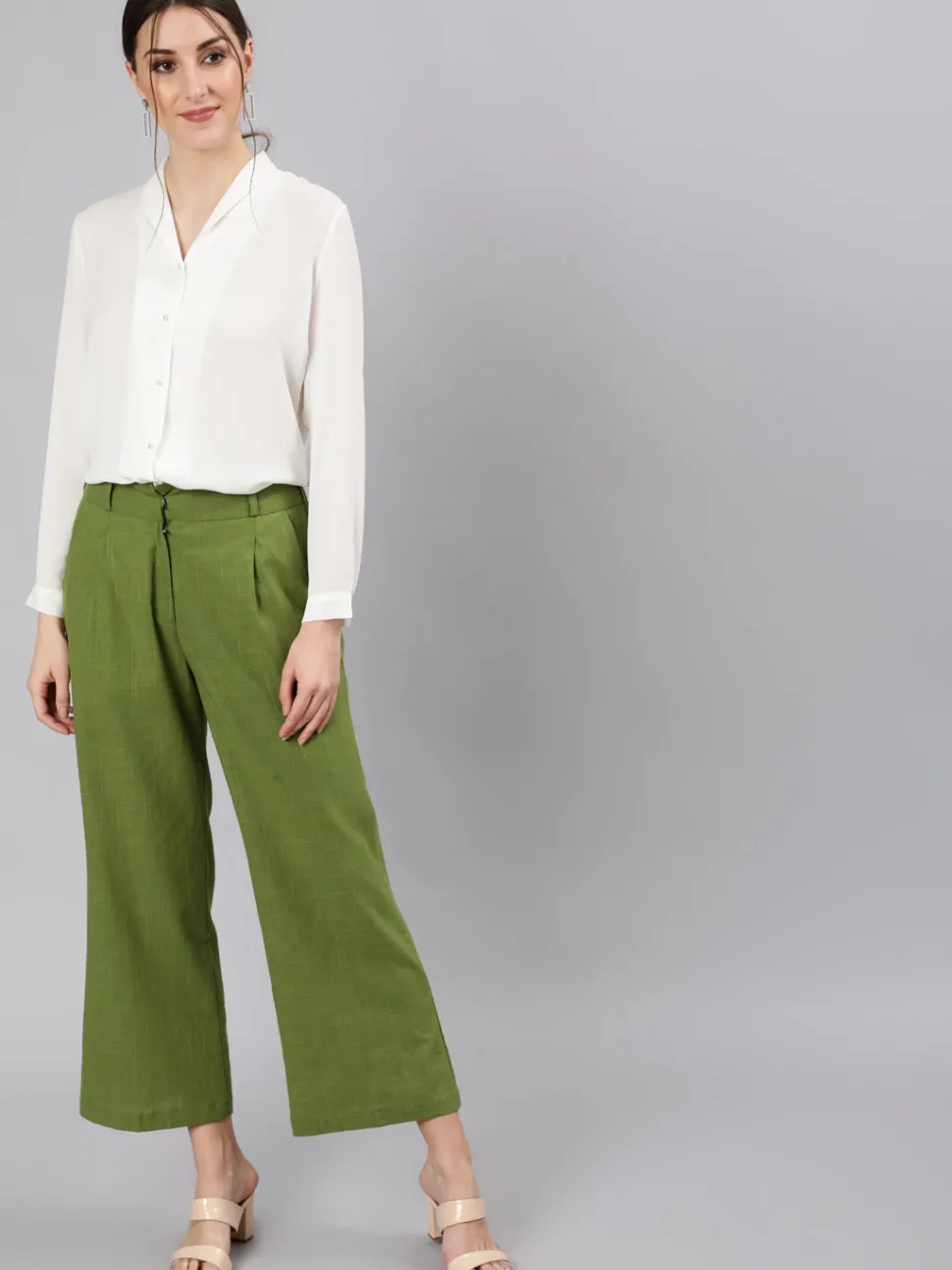 Jaipur Kurti Olive Green Cotton Slub Flared High Rise Parallel Pants