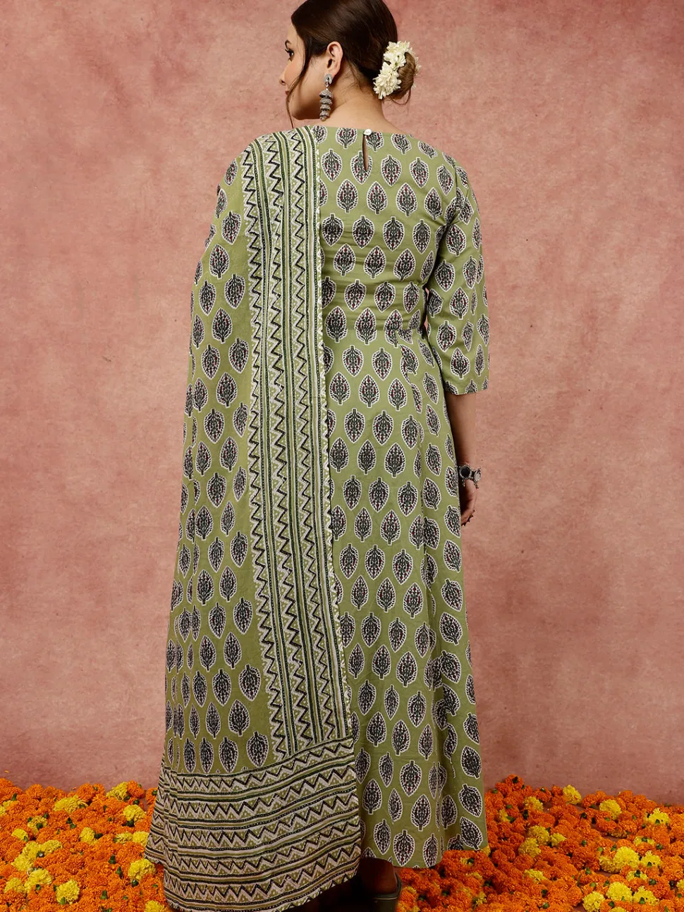 Jaipur Kurti Olive Ethnic Printed Flared Kurta With Zig-Zag Printed Pants And Dupatta