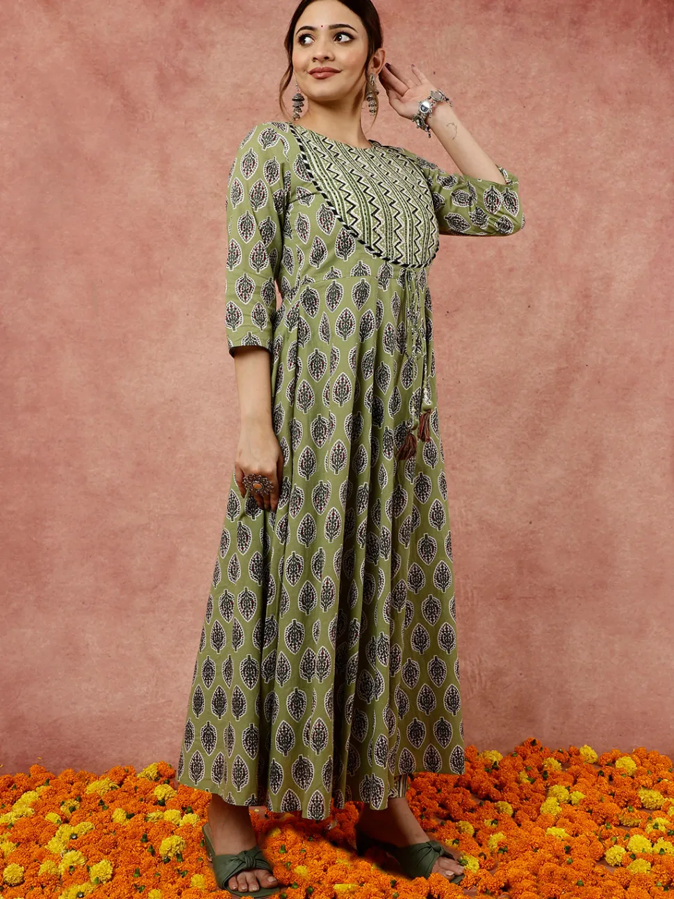 Jaipur Kurti Olive Ethnic Printed Flared Kurta With Zig-Zag Printed Pants And Dupatta