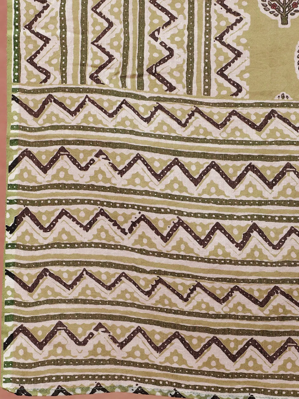 Jaipur Kurti Olive Ethnic Printed Flared Kurta With Zig-Zag Printed Pants And Dupatta