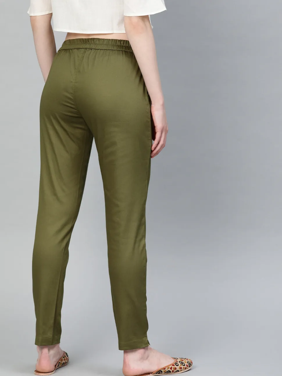 Jaipur Kurti Olive Green Solid Cotton Lycra Pants