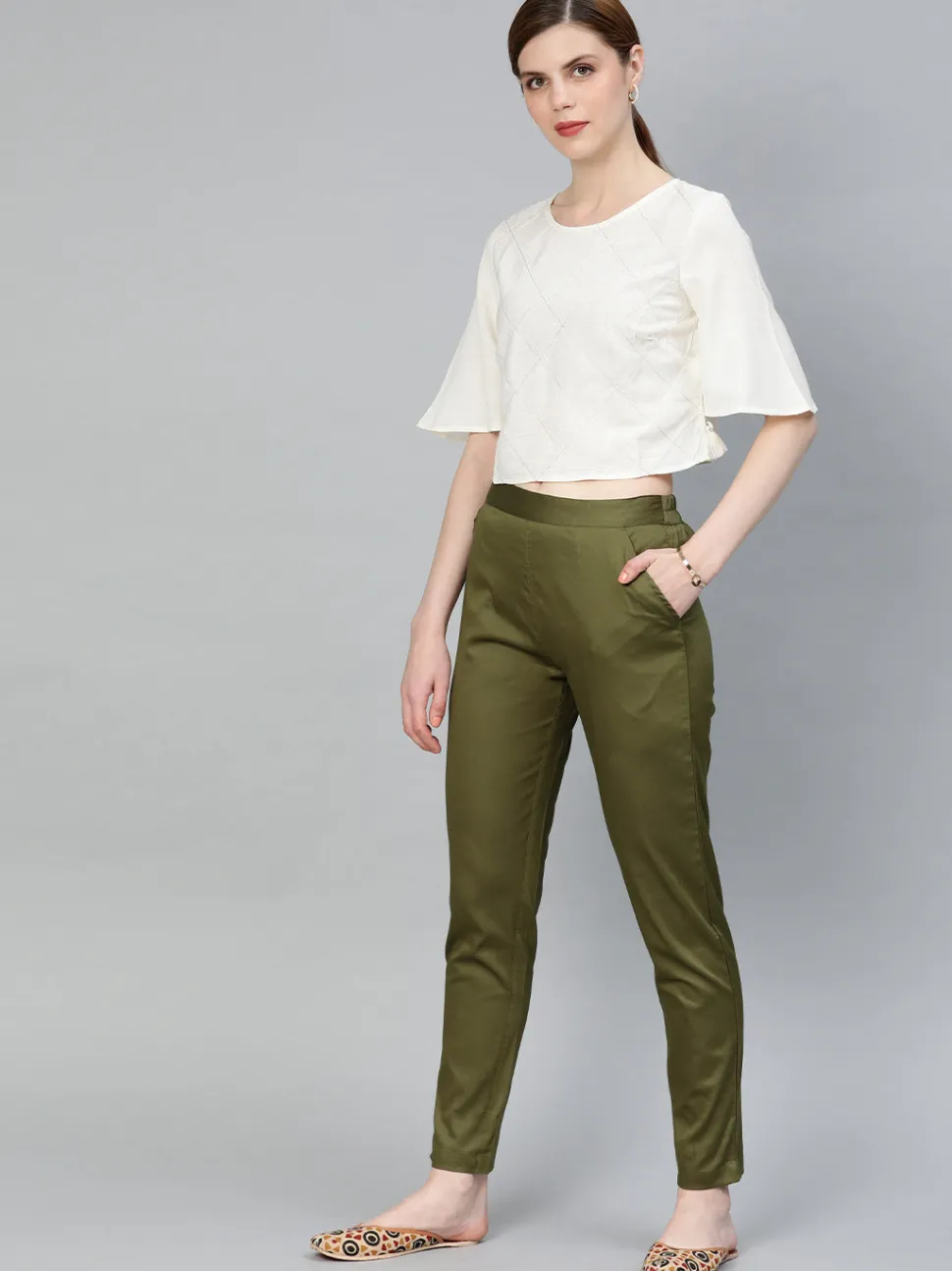 olive_green_solid_cotton_lycra_pants_2.webp Jaipur Kurti Olive Green Solid Cotton Lycra Pants