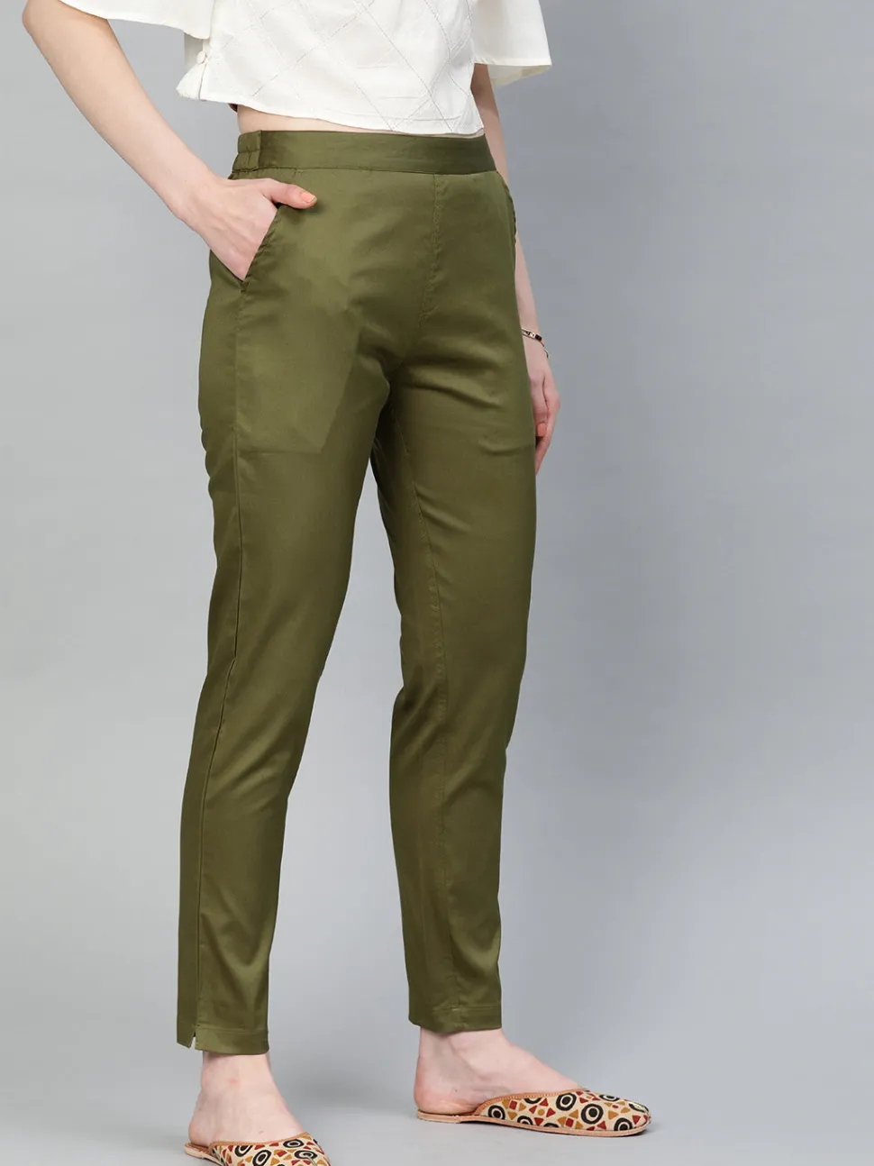 olive_green_solid_cotton_lycra_pants_6.webp Jaipur Kurti Olive Green Solid Cotton Lycra Pants