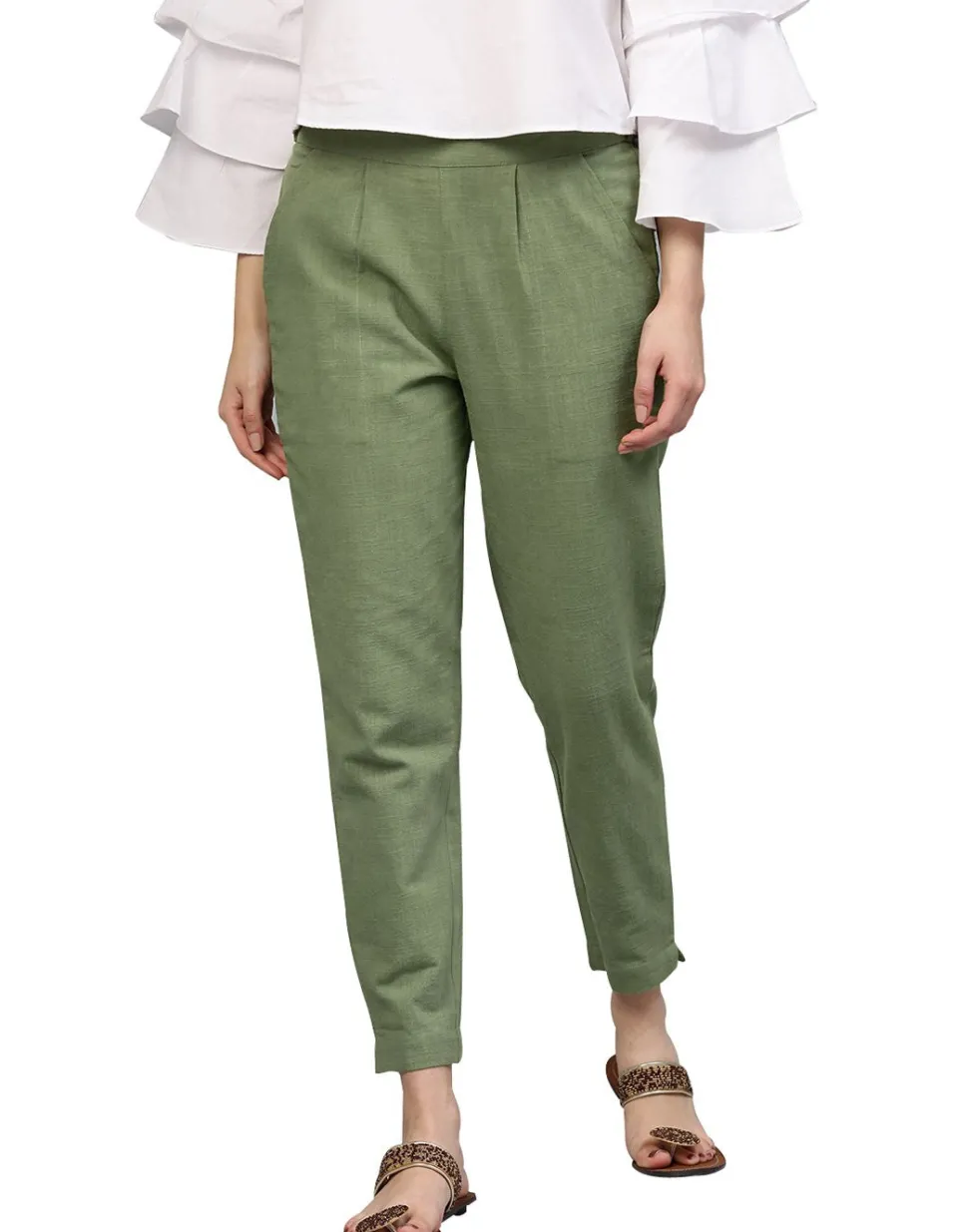 Jaipur Kurti Olive Solid Cotton Slub Straight Pants