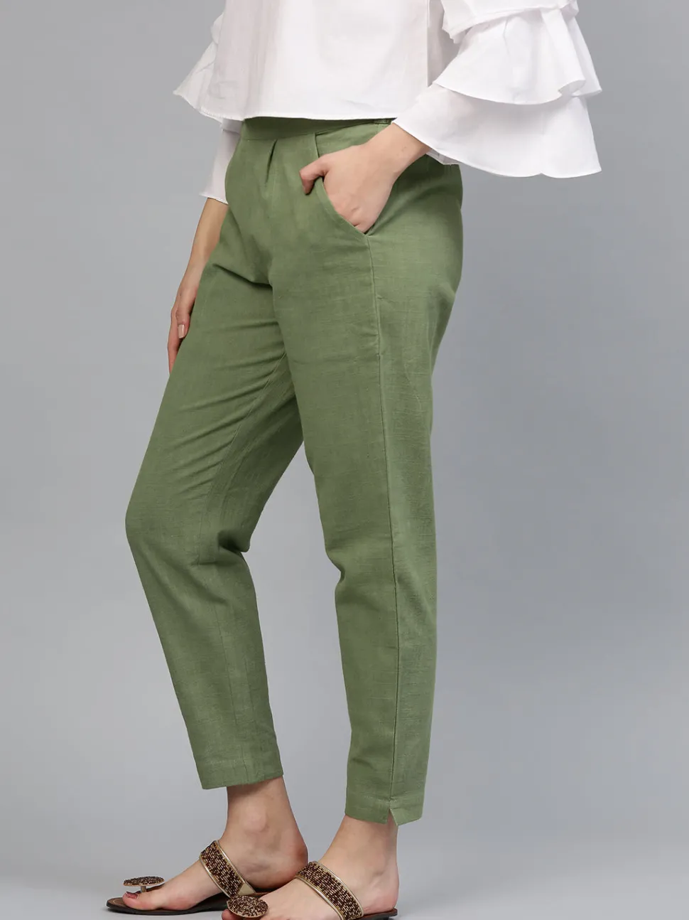 Jaipur Kurti Olive Solid Cotton Slub Straight Pants
