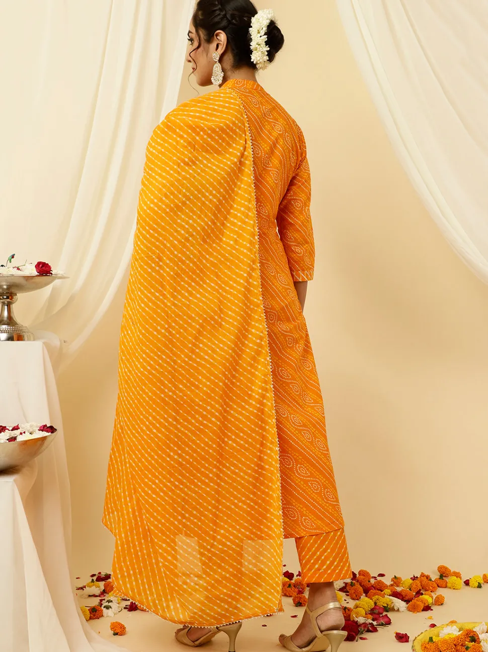 Jaipur Kurti Bandhani Angrakha Kurta With Leheriya Pants And Dupatta