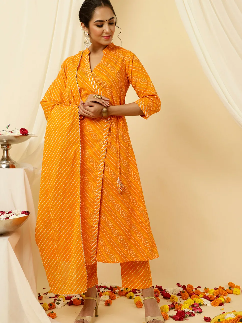 Jaipur Kurti Bandhani Angrakha Kurta With Leheriya Pants And Dupatta