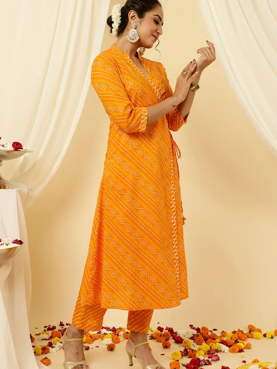 Jaipur Kurti Bandhani Angrakha Kurta With Leheriya Pants And Dupatta