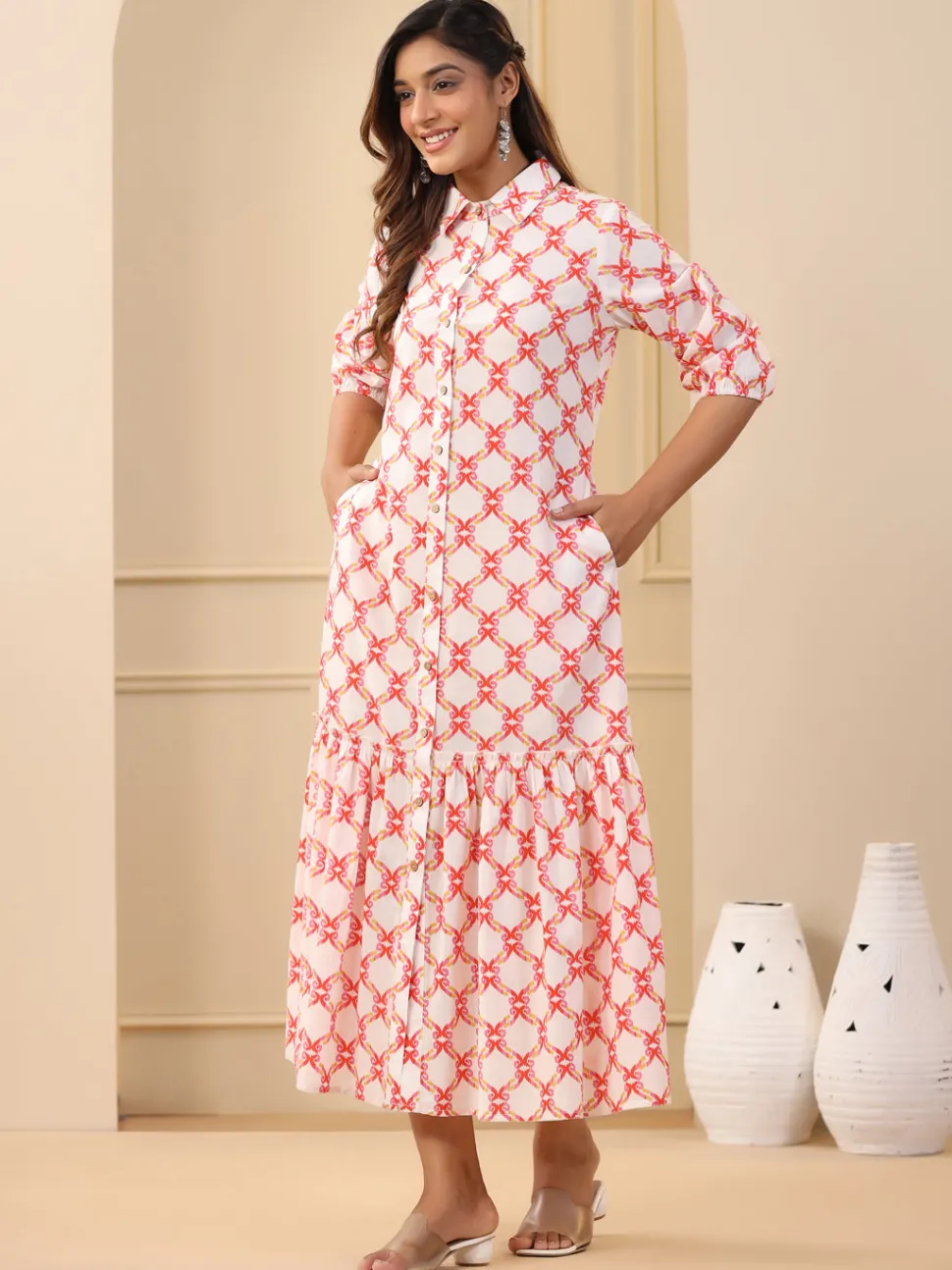 Jaipur Kurti Ikat Printed Tiered Cotton Dress