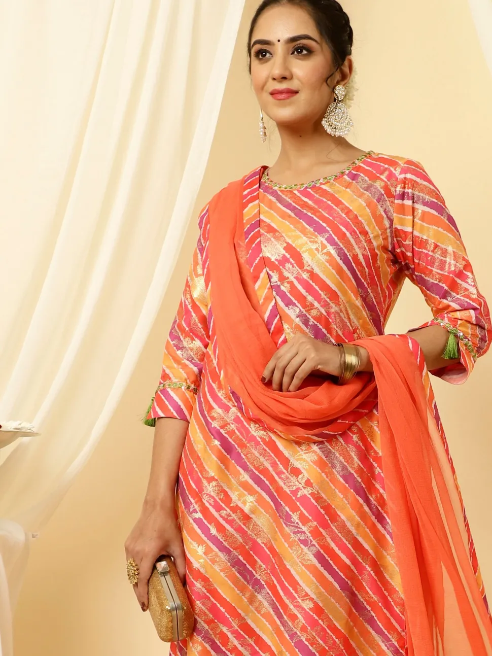 Jaipur Kurti Leheriya Straight Kurta With Palazzo And Dupatta