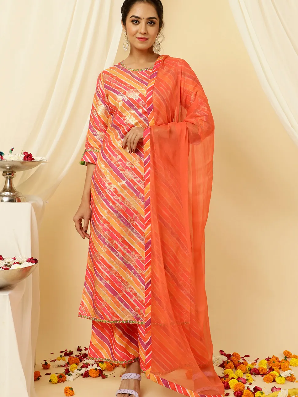 Jaipur Kurti Leheriya Straight Kurta With Palazzo And Dupatta
