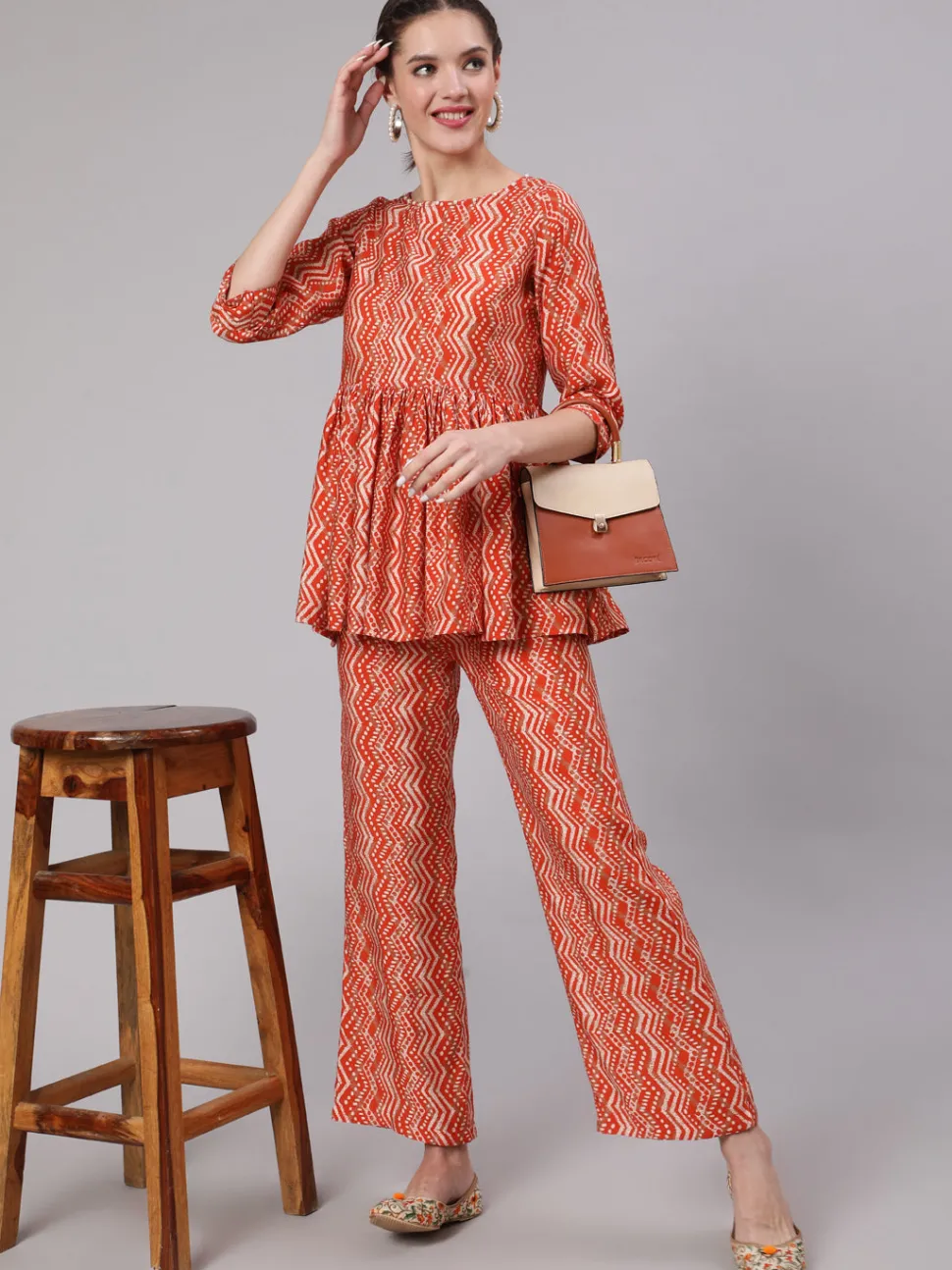 Jaipur Kurti Orange Zigzag Printed Muslin Gathered Top With Printed Palazzo