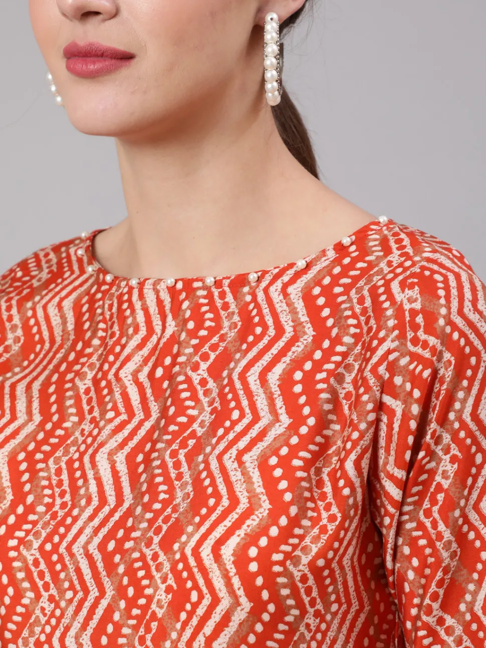 Jaipur Kurti Orange Zigzag Printed Muslin Gathered Top With Printed Palazzo