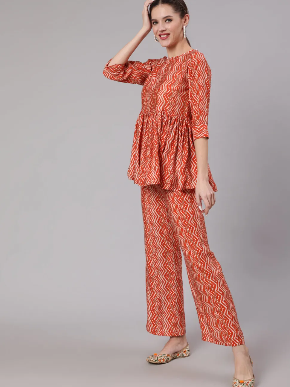 Jaipur Kurti Orange Zigzag Printed Muslin Gathered Top With Printed Palazzo