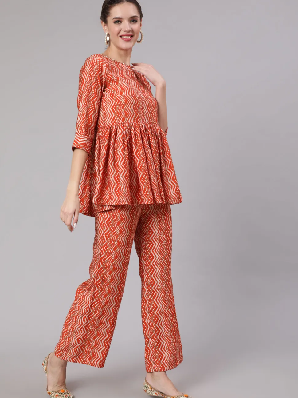Jaipur Kurti Orange Zigzag Printed Muslin Gathered Top With Printed Palazzo