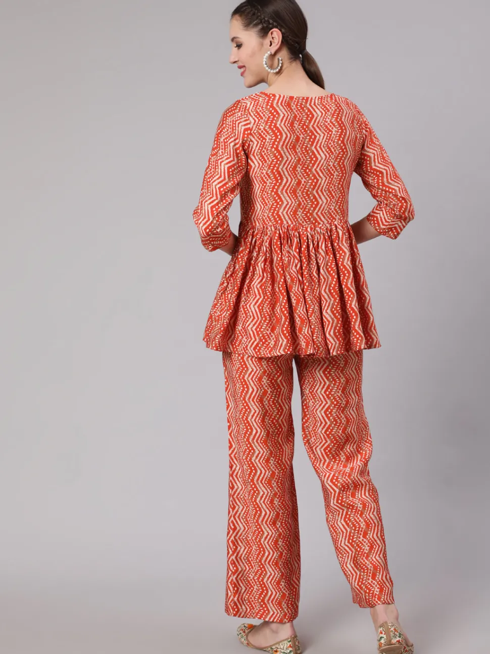 Jaipur Kurti Orange Zigzag Printed Muslin Gathered Top With Printed Palazzo